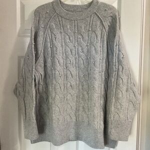 Aerie Gray Cable Knit Oversized Crewneck Sweater with Pearl Detailing, Medium